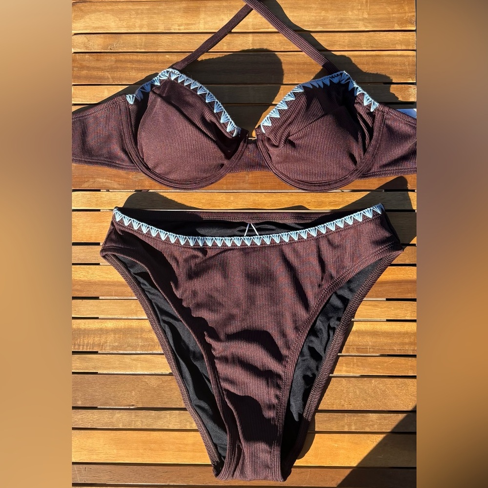 SMALL NWT Crossback Brown & Blue Bikini Swim Set cowgirl inspo